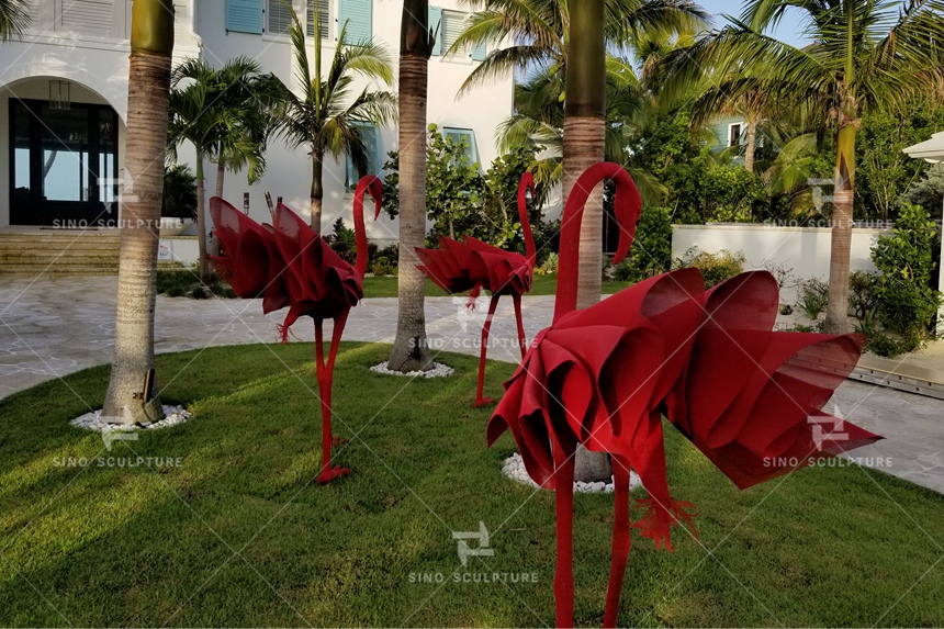 Stainless-Steel-Red-Flamingo-Sculpture-Site-Installaiton